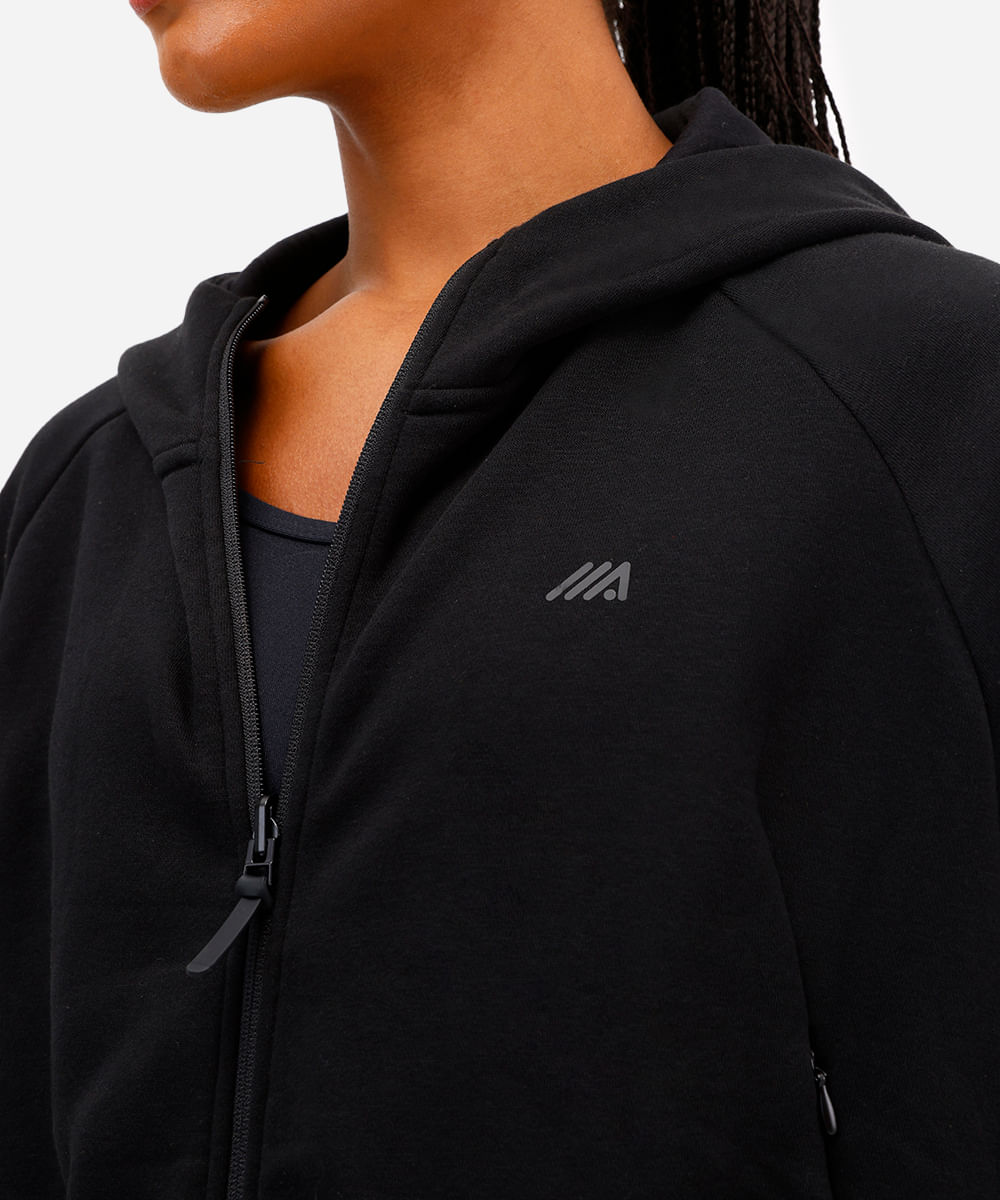 jaqueta feminina de moletom esportiva com capuz preto