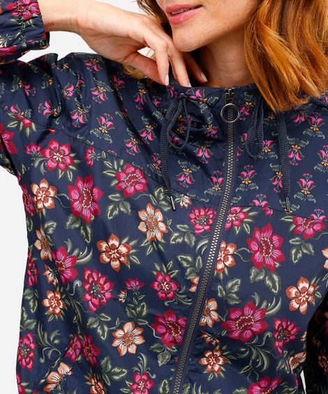 jaqueta corta vento feminina com capuz floral azul