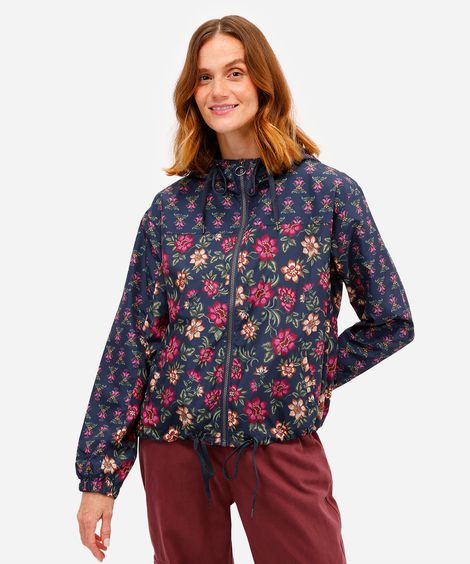 jaqueta corta vento feminina com capuz floral azul