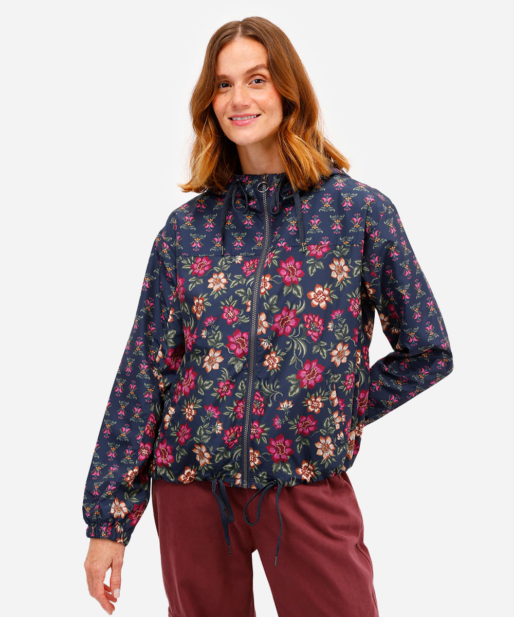 jaqueta corta vento feminina com capuz floral azul