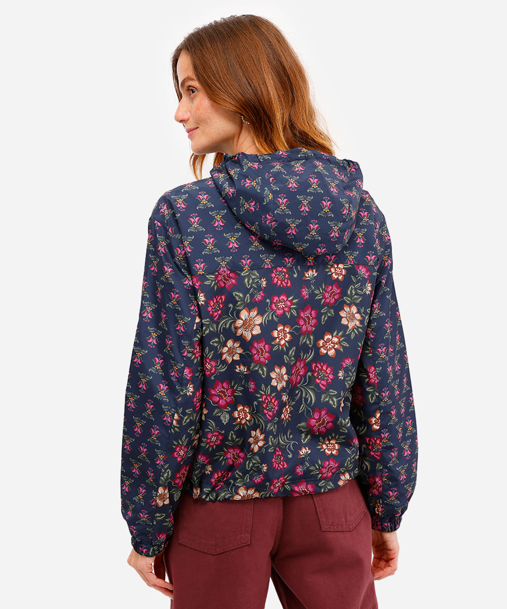 jaqueta corta vento feminina com capuz floral azul