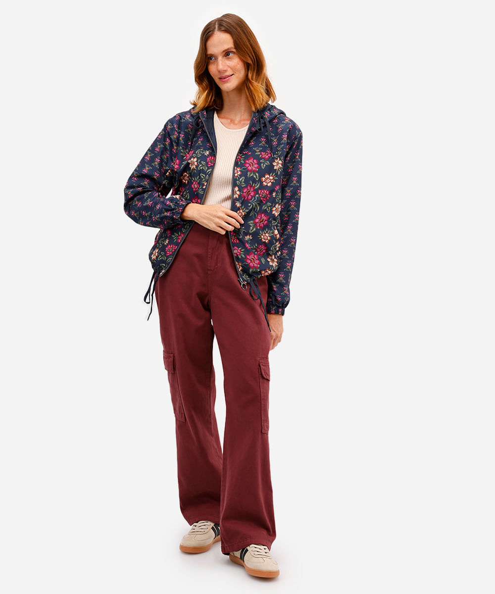jaqueta corta vento feminina com capuz floral azul