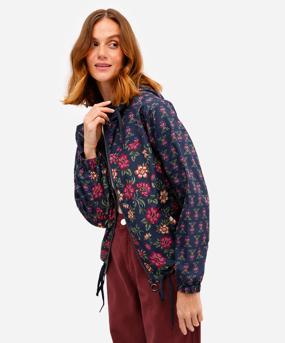 jaqueta corta vento feminina com capuz floral azul
