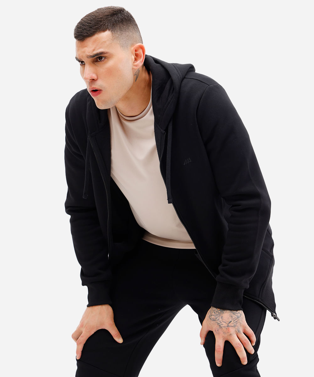 jaqueta masculina de moletom esportiva ace com capuz e bolso preta