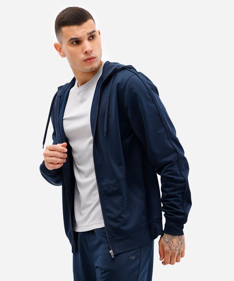 jaqueta com bolsos gola alta com capuz esportiva azul