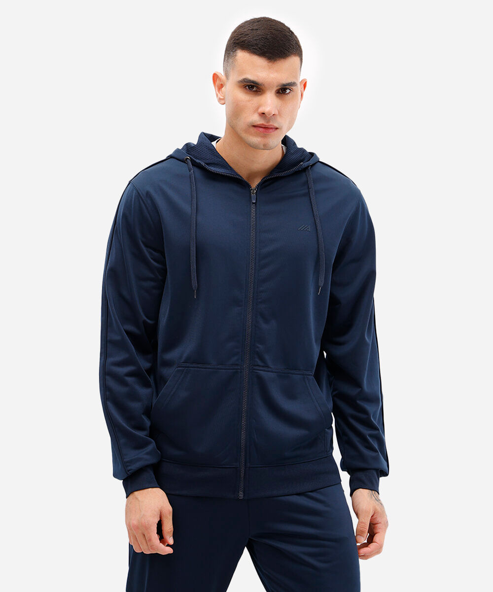 jaqueta com bolsos gola alta com capuz esportiva azul