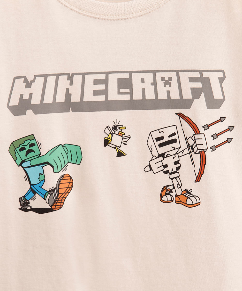 camiseta de algodão infantil manga curta minecraft bege