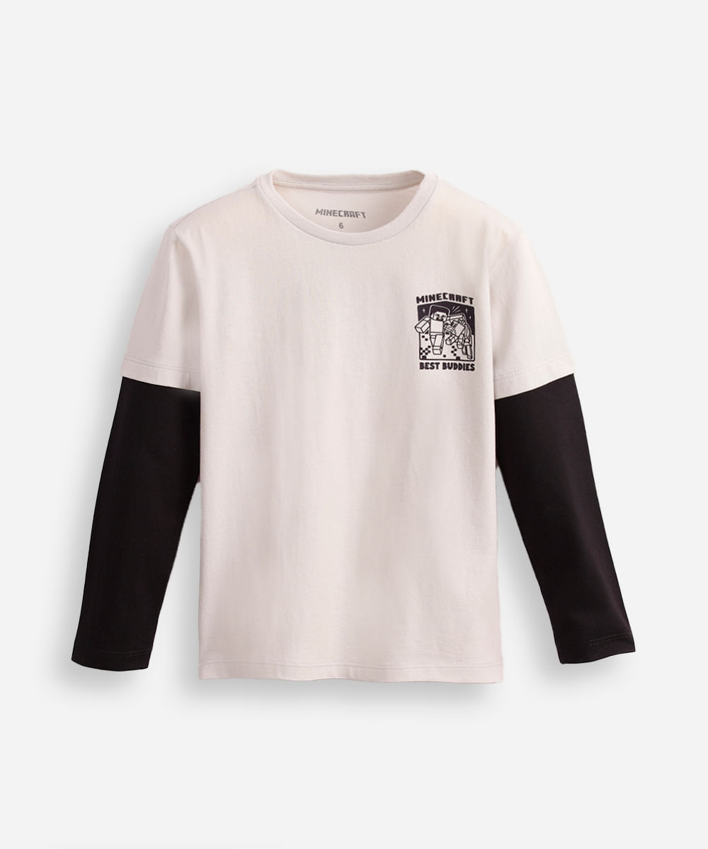 blusa de algodão infantil manga sobreposta minecraft - cinza claro