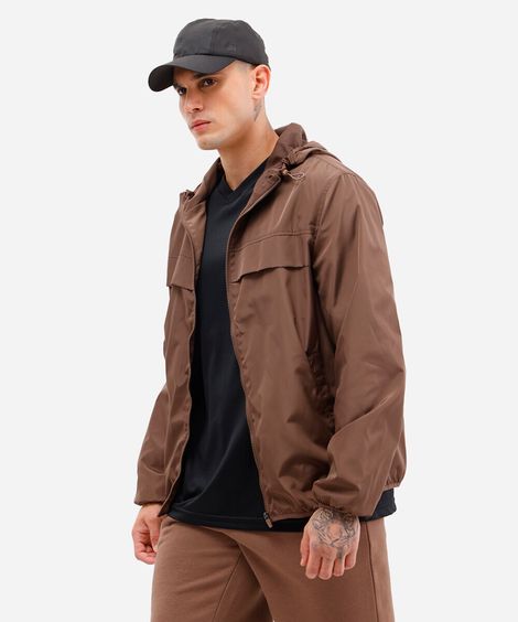 jaqueta masculina corta vento com capuz esportiva - marrom