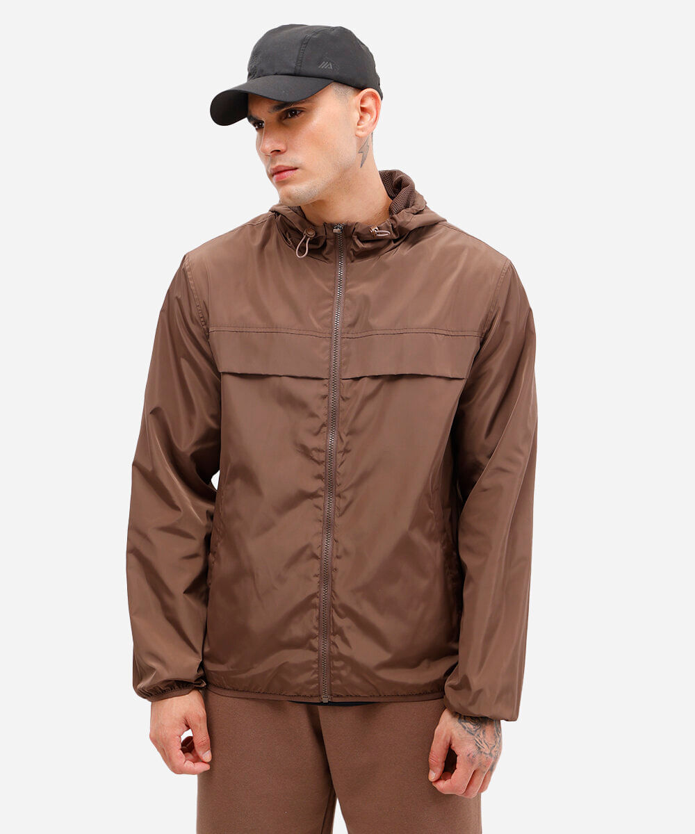jaqueta masculina corta vento com capuz esportiva - marrom