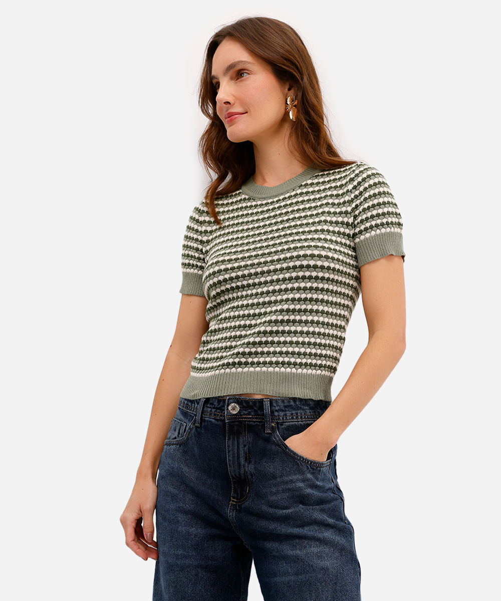 blusa feminina de tricot manga curta texturizada listrada verde