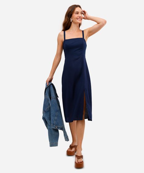 vestido midi feminino com linho e fenda azul
