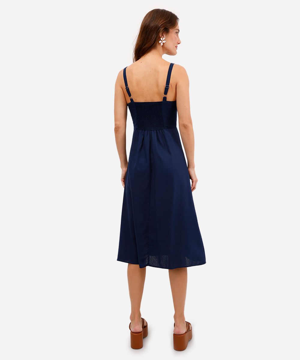 vestido midi feminino com linho e fenda azul