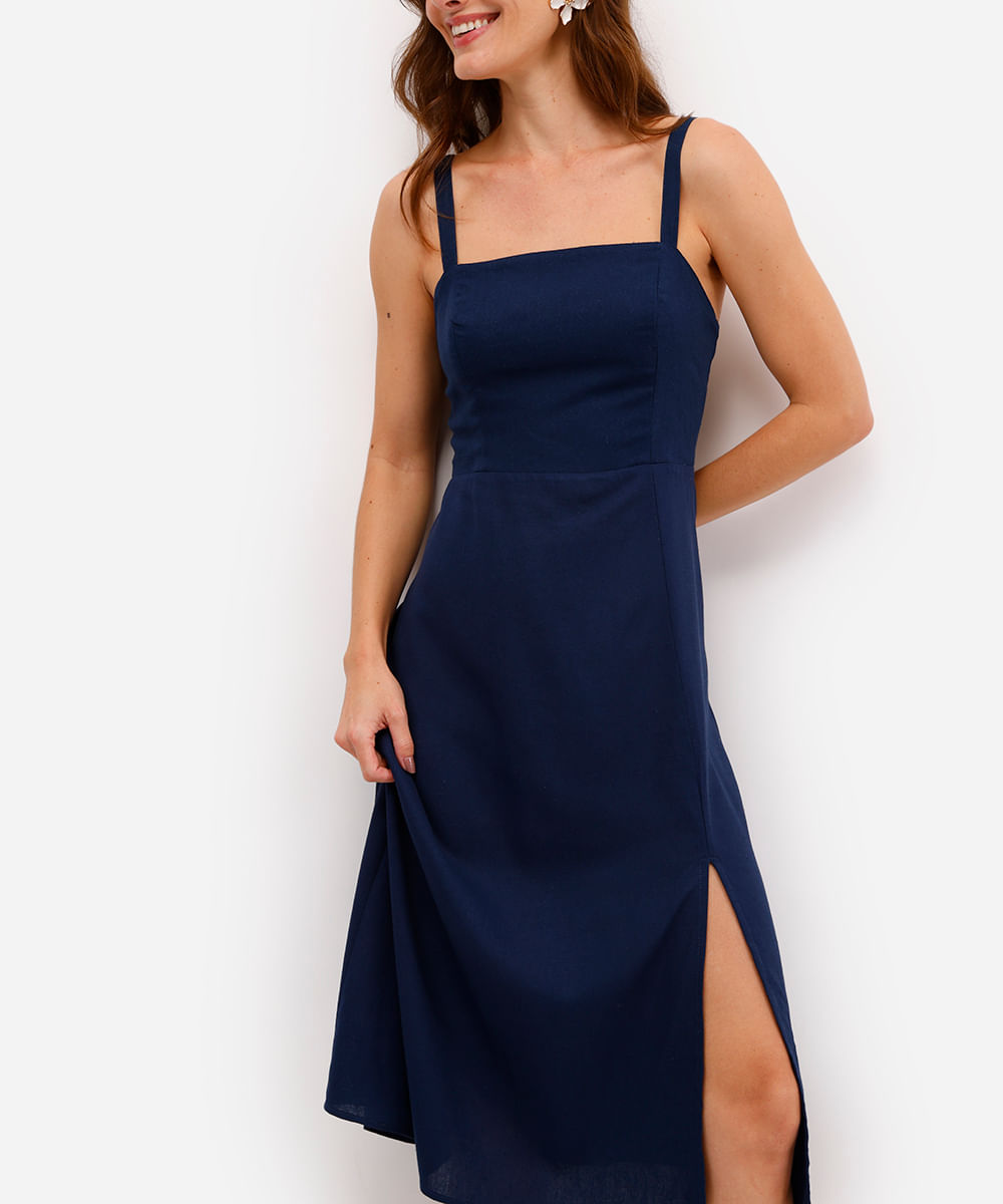 vestido midi feminino com linho e fenda azul