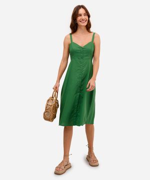 vestido midi feminino evasê com fenda e linho verde