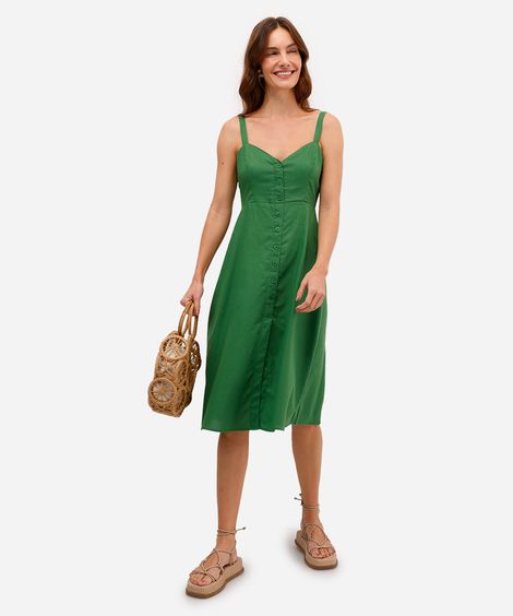 vestido midi feminino evasê com fenda e linho verde