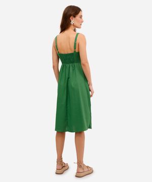 vestido midi feminino evasê com fenda e linho verde