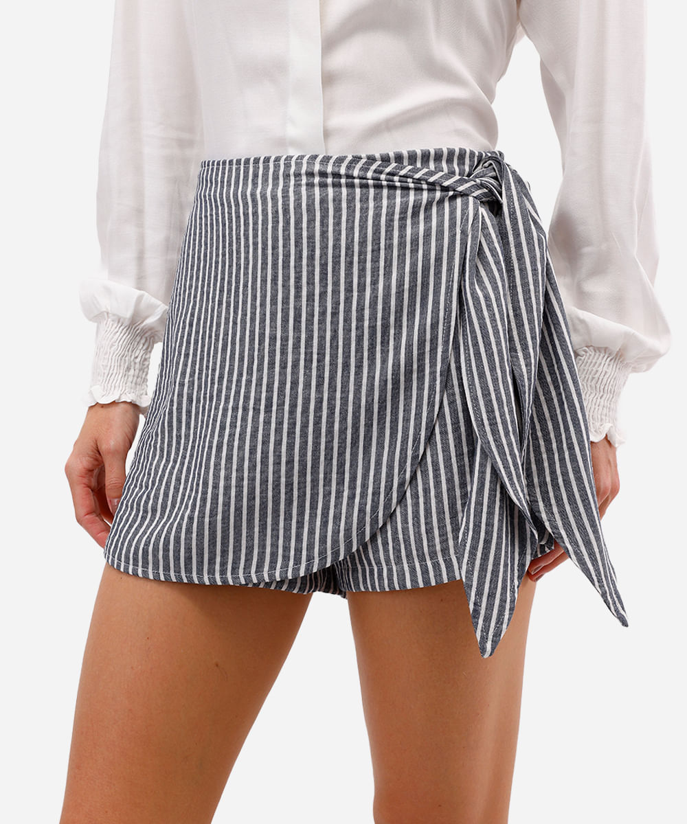 short saia feminino com linho listrado azul