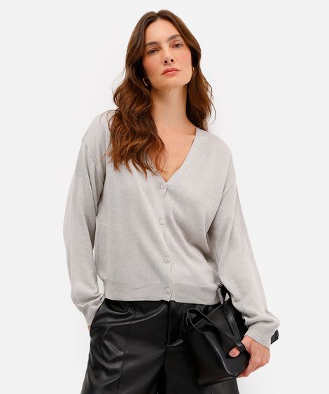 cardigan feminino de tricot com lurex cinza