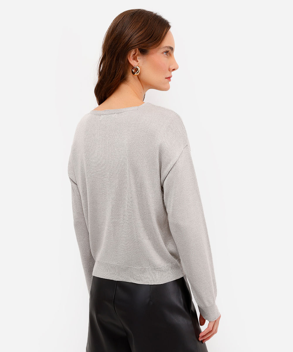 cardigan feminino de tricot com lurex cinza