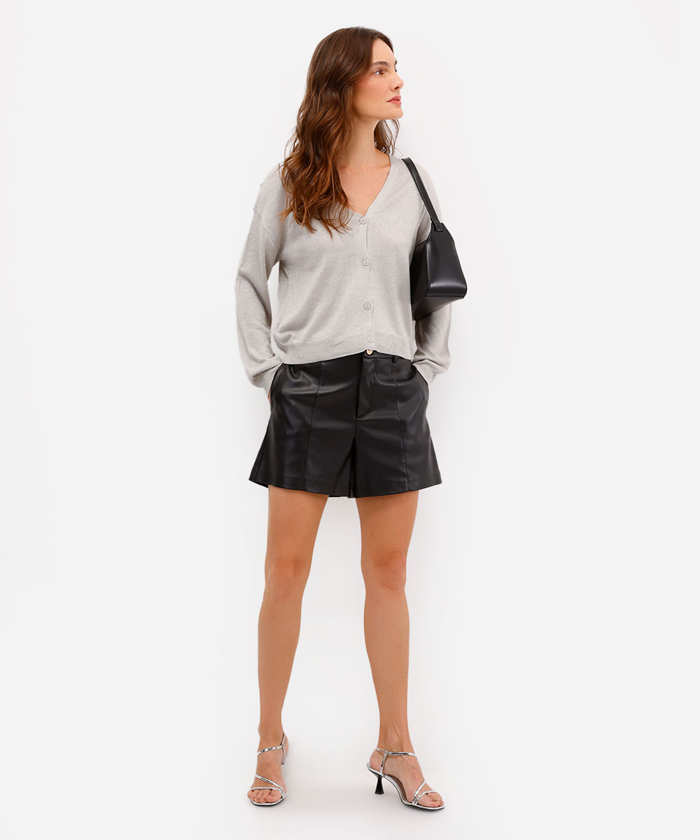 cardigan feminino de tricot com lurex cinza
