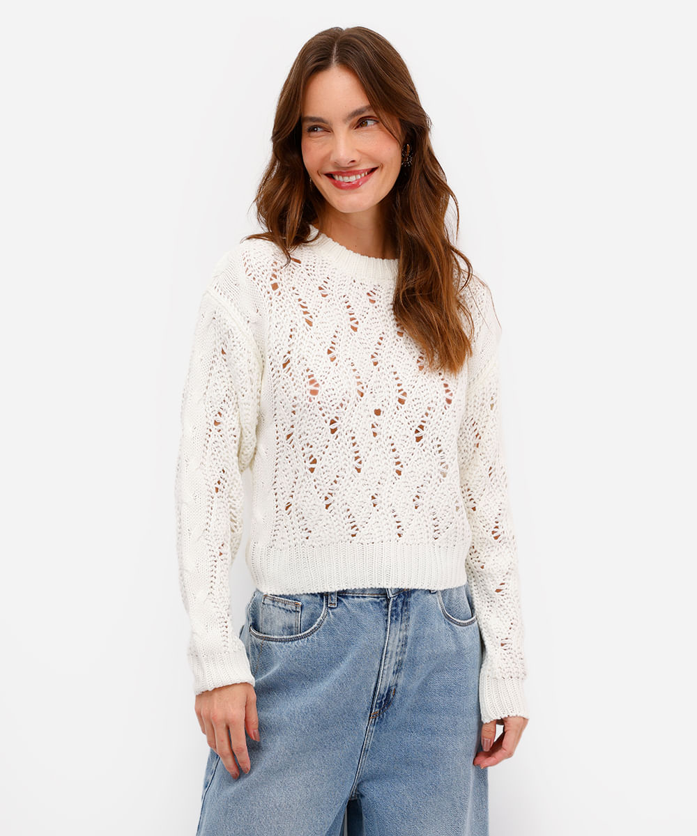 suéter feminino de tricot texturizado off white