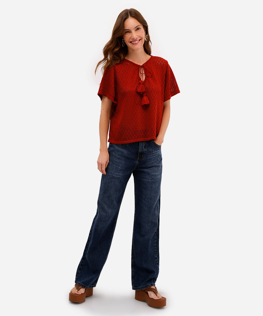 bata feminina de tricot manga curta laranja