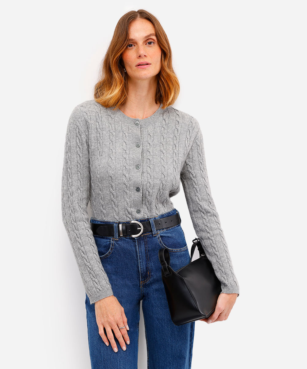cardigan feminino de tricot texturizado cinza
