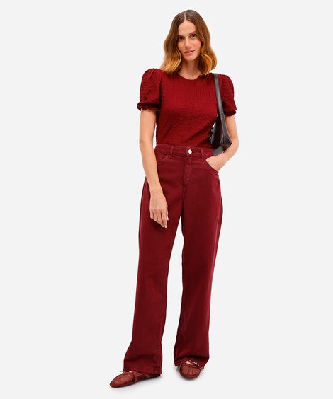 calça wide leg feminina de sarja cintura alta vinho