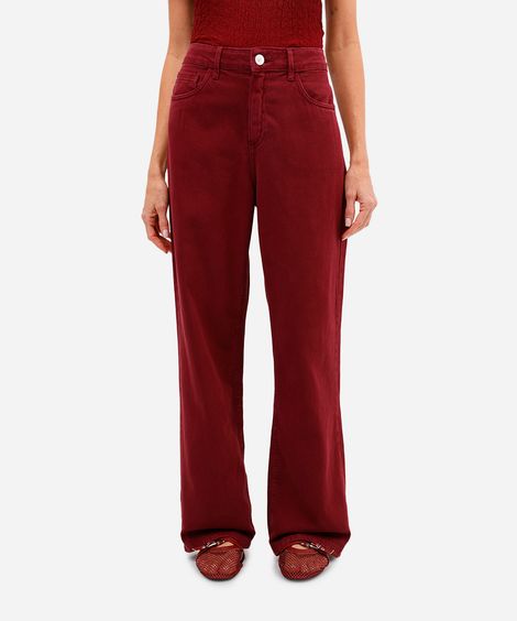 calça wide leg feminina de sarja cintura alta vinho
