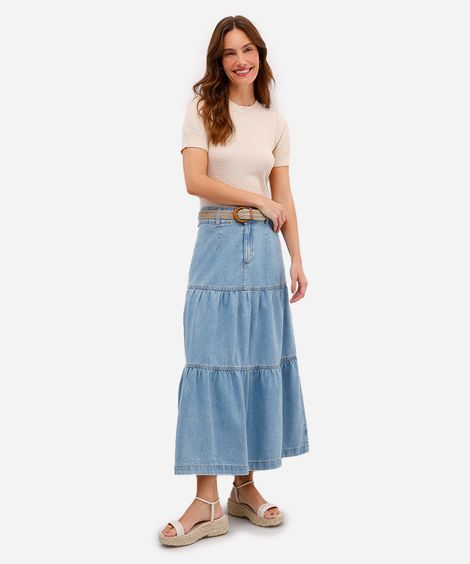 saia longa feminina jeans com recortes e fenda azul