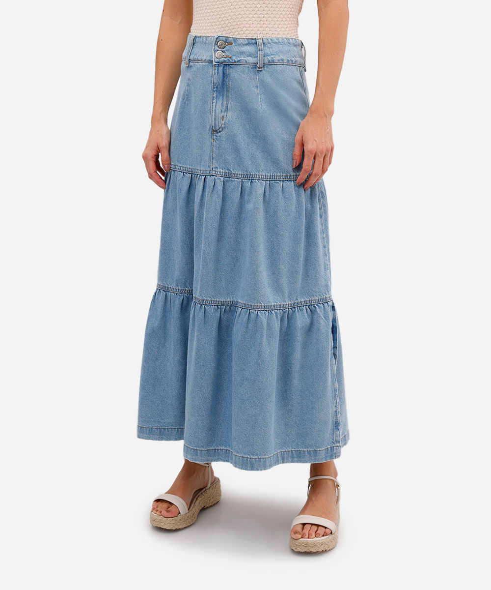 saia longa feminina jeans com recortes e fenda azul