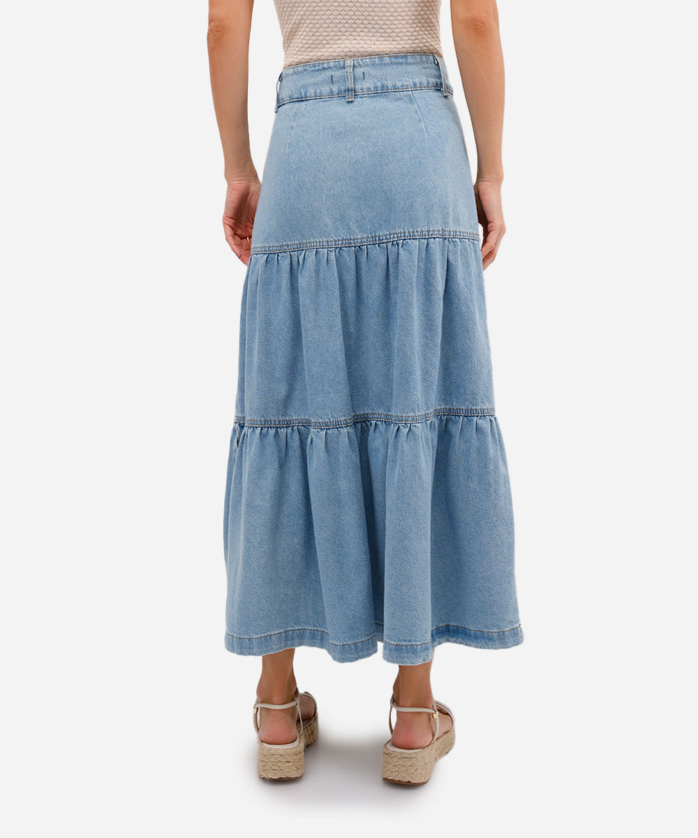 saia longa feminina jeans com recortes e fenda azul