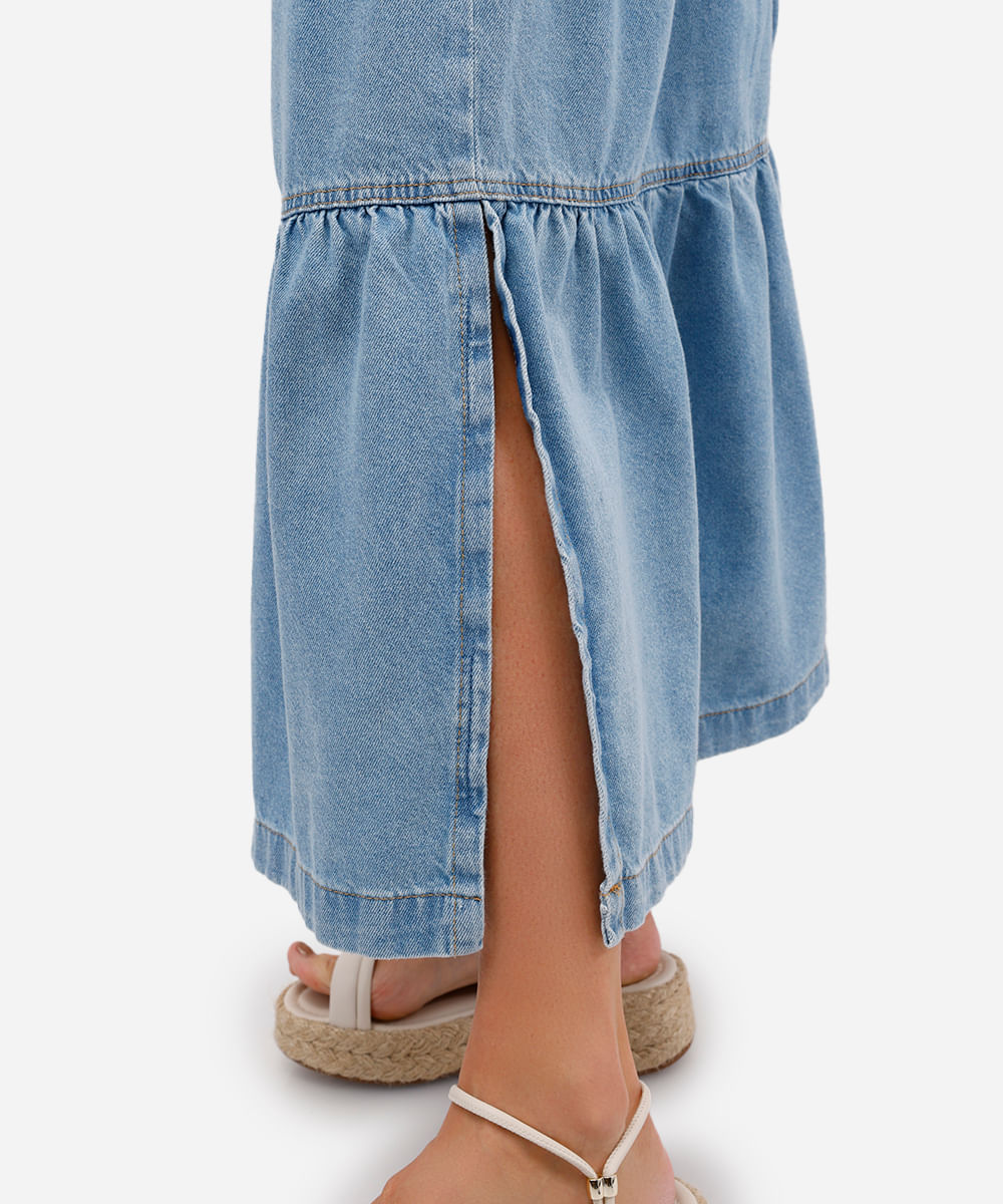 saia longa feminina jeans com recortes e fenda azul