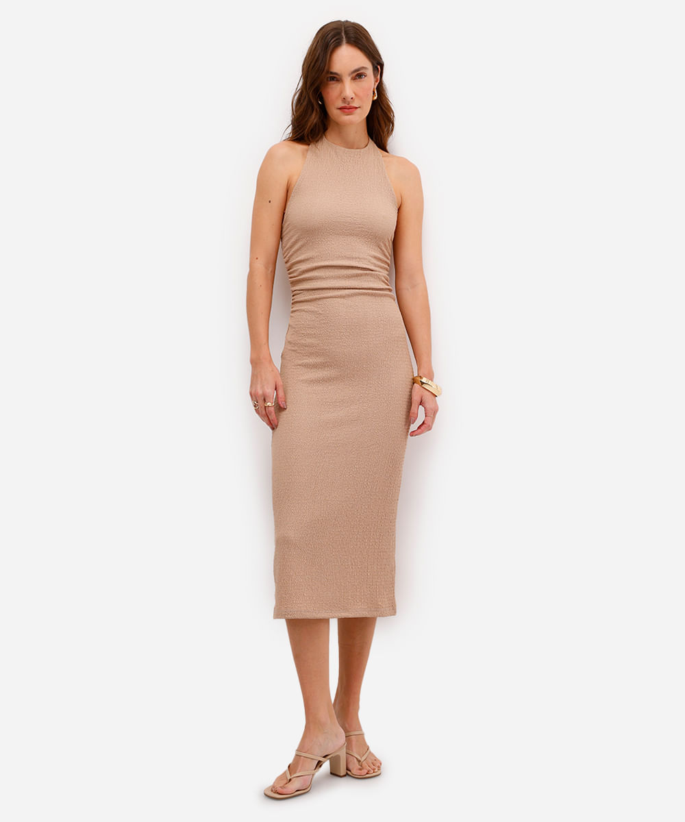 vestido midi feminino halterneck texturizado bege
