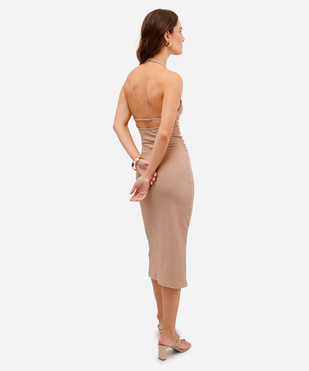 vestido midi feminino halterneck texturizado bege