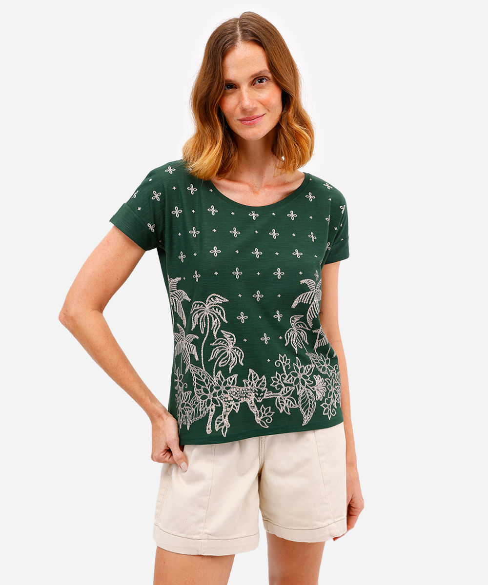 blusa feminina de algodão folhagens manga curta verde