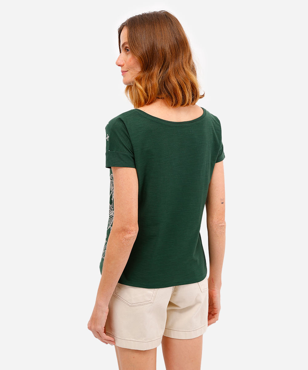 blusa feminina de algodão folhagens manga curta verde