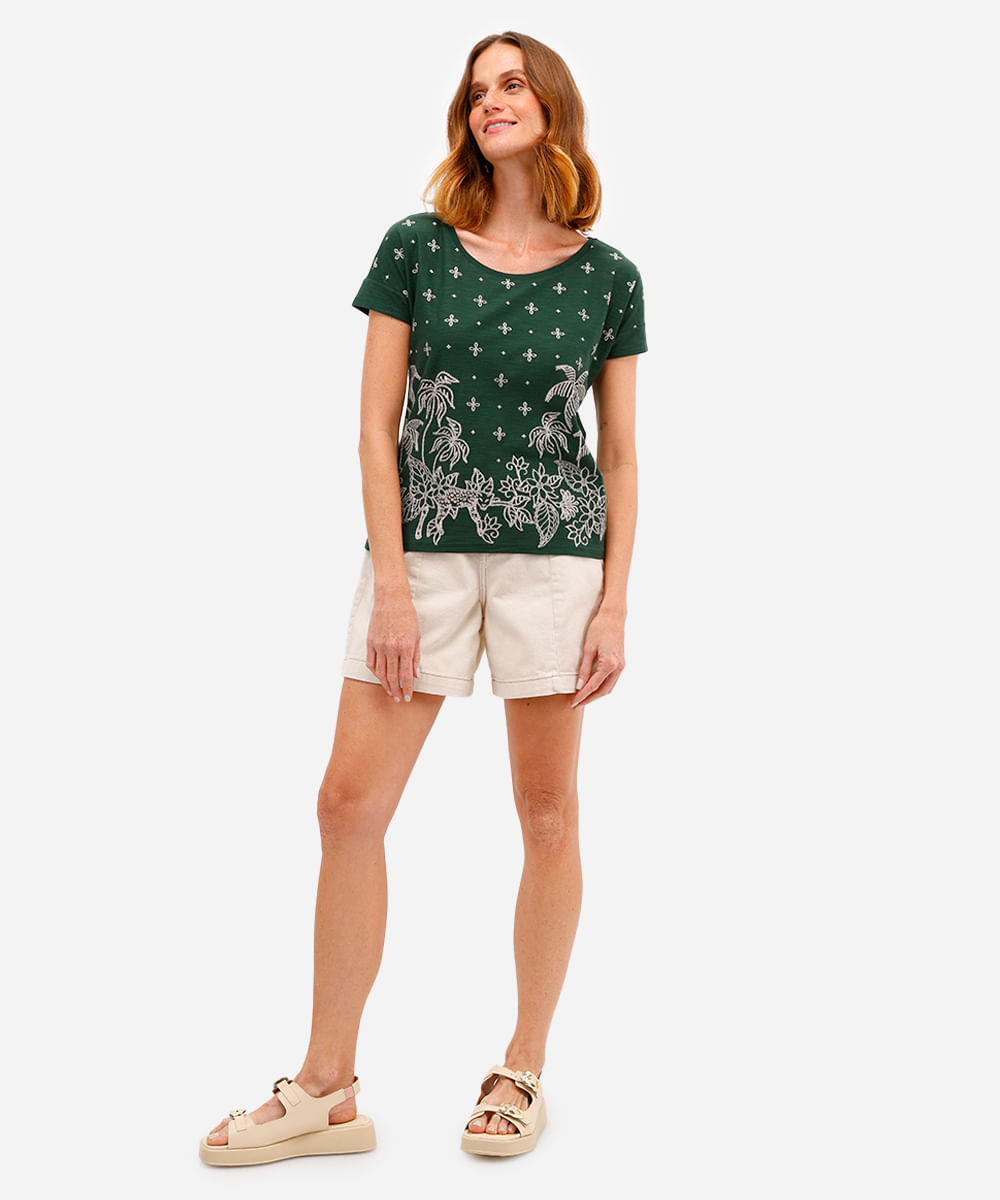 blusa feminina de algodão folhagens manga curta verde