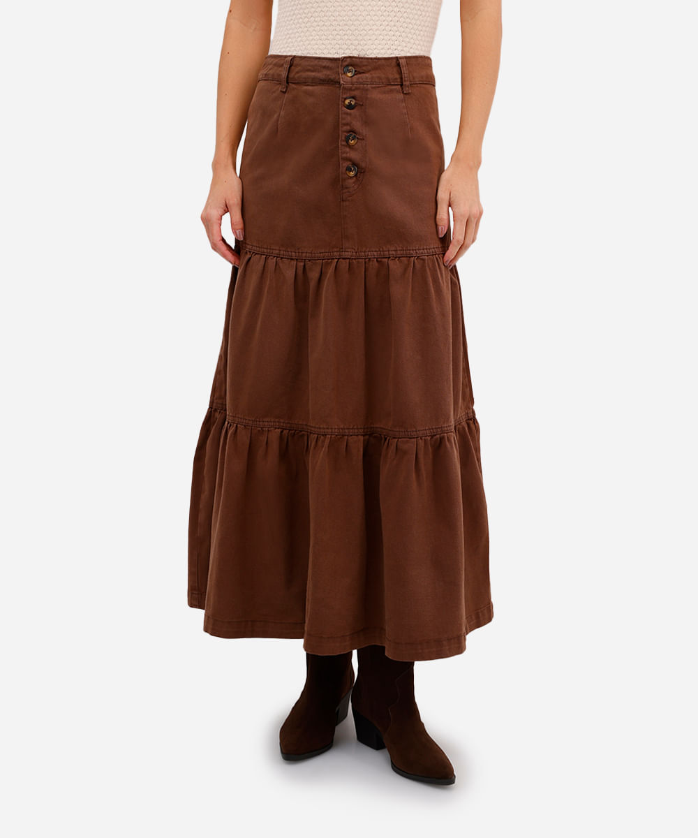 saia longa feminina de sarja com recortes marrom