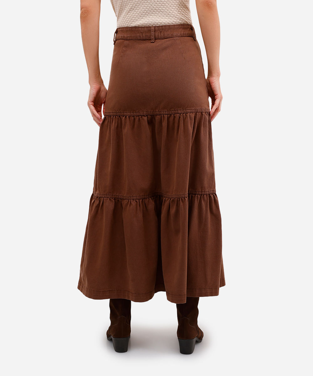saia longa feminina de sarja com recortes marrom