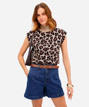 blusa feminina de tricot gola alta animal print bege
