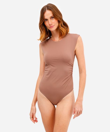 body feminino de poliamida franzido com recorte marrom