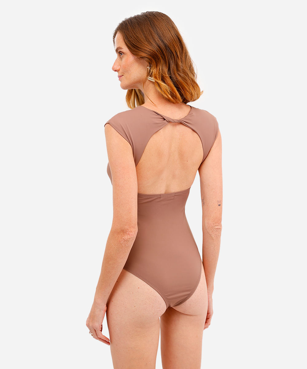 body feminino de poliamida franzido com recorte marrom