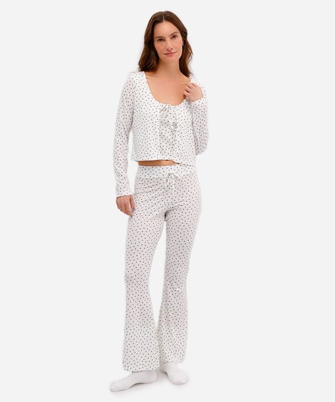 pijama longo feminino floral canelado off white