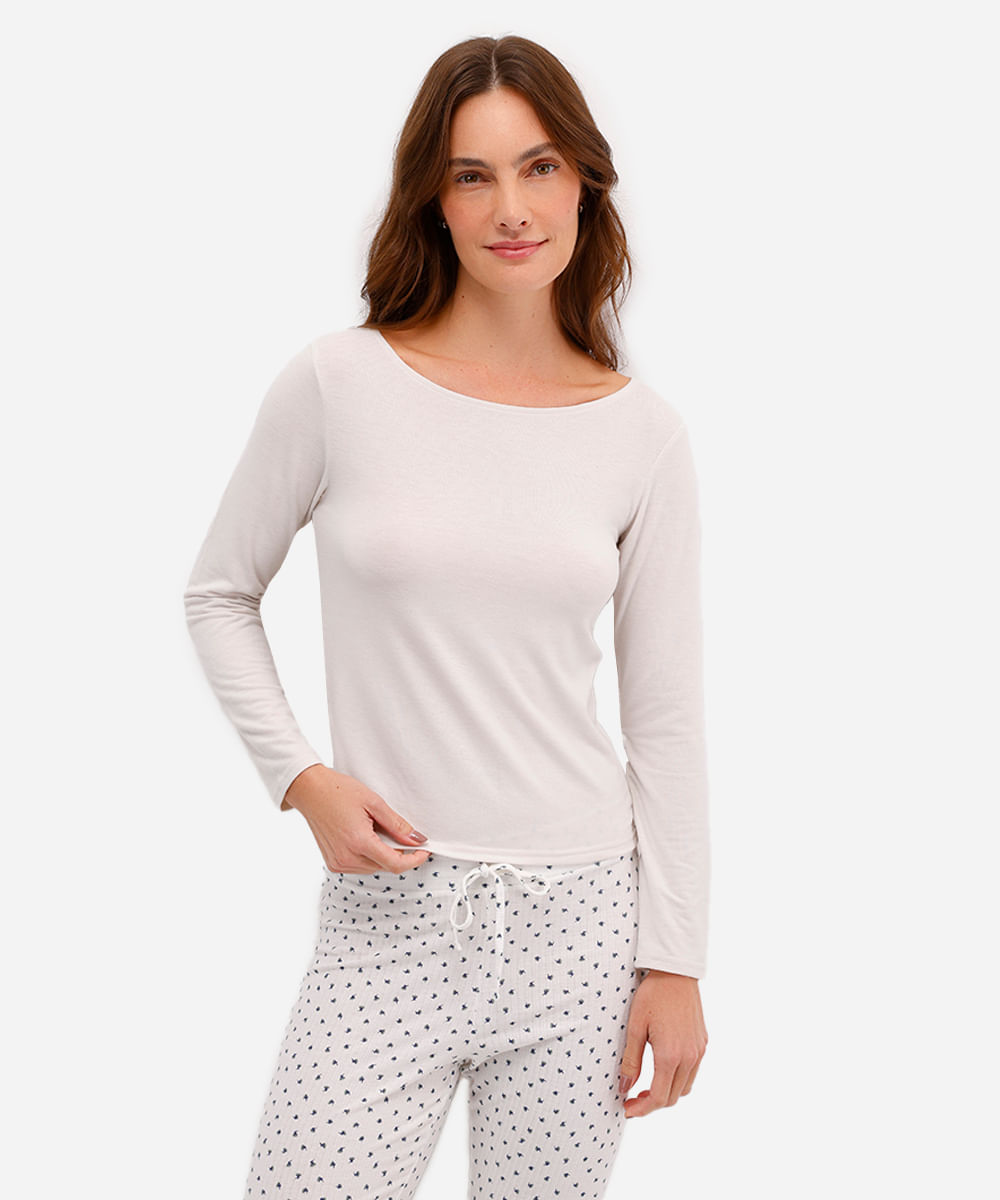 blusa feminina de pijama avulsa manga longa bege