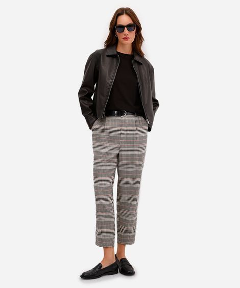 calça feminina de alfaiataria xadrez cós elástico bege