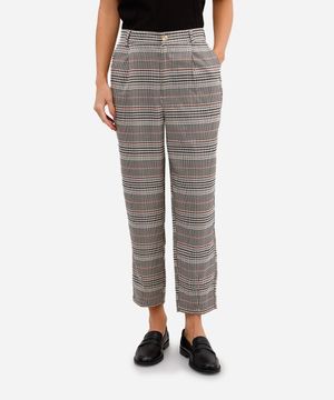 calça feminina de alfaiataria xadrez cós elástico bege