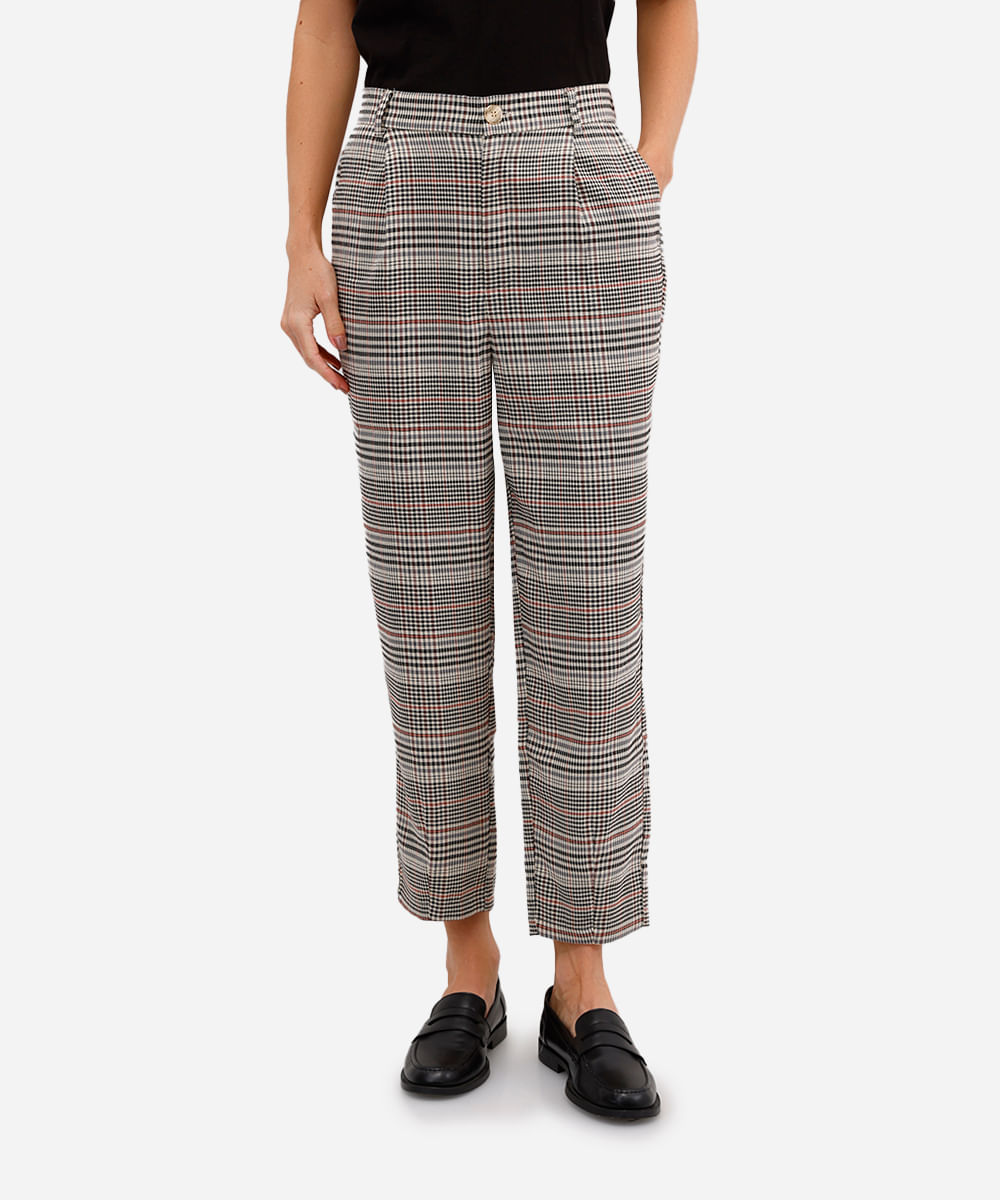 calça feminina de alfaiataria xadrez cós elástico bege