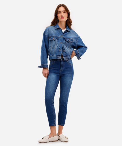 calça skinny cropped feminina jeans cintura média azul